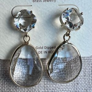 Bling tear drop earrings in gold and glass stones, 1.1/4 inch